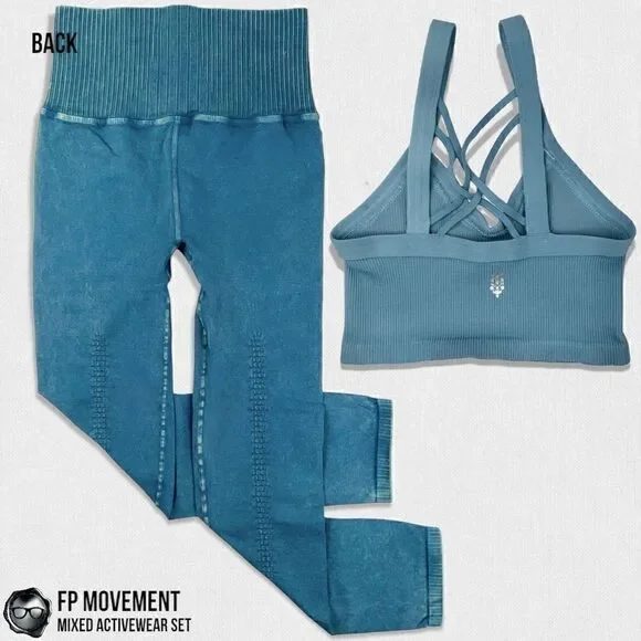 FP MOVEMENT HAPPINESS RUNS STRAPPY BACK CROP TANK + GOOD KARMA LEGGINGS BLUE HUE - Picture 2 of 16